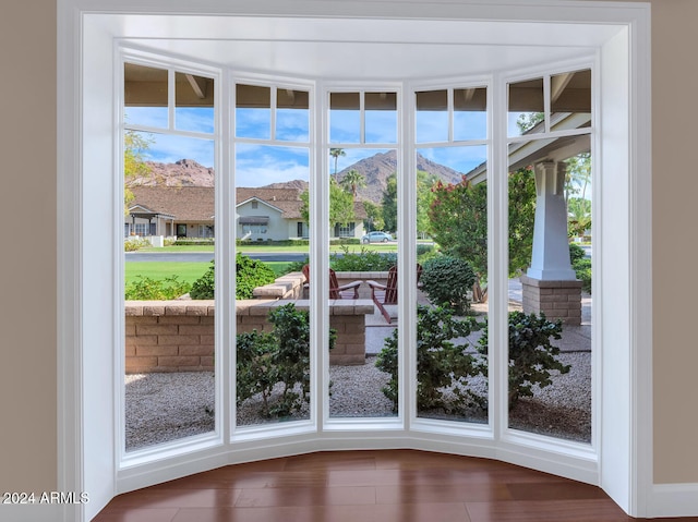 doorway with a wealth of natural light, a mountain view, and hardwood / wood-style flooring