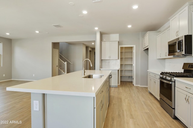 kitchen with white cabinetry, sink, backsplash, a center island with sink, and appliances with stainless steel finishes