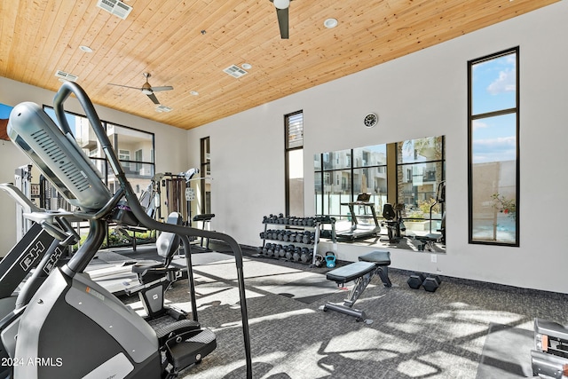 exercise room featuring wooden ceiling, visible vents, and ceiling fan