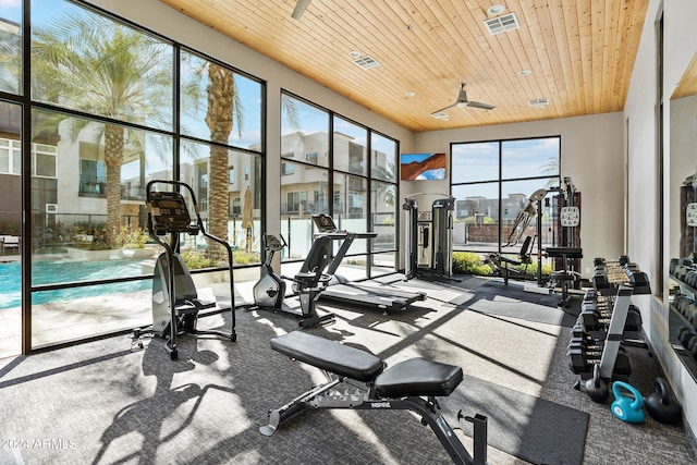 exercise room with wooden ceiling, visible vents, and a ceiling fan