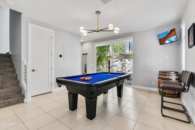 recreation room featuring pool table, light tile patterned flooring, visible vents, and baseboards