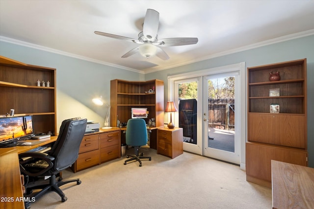 office featuring crown molding, light colored carpet, ceiling fan, and french doors