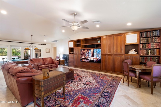 living room with pool table, vaulted ceiling, and ceiling fan