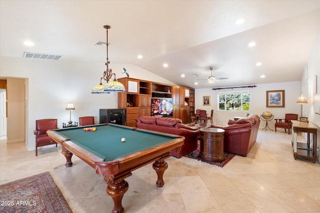 playroom featuring ceiling fan, lofted ceiling, and billiards