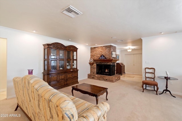 living room featuring light colored carpet, ornamental molding, and a fireplace