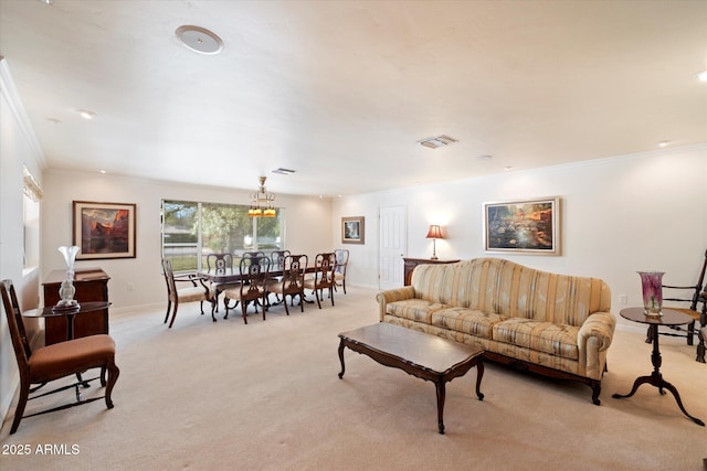 carpeted living room with ornamental molding