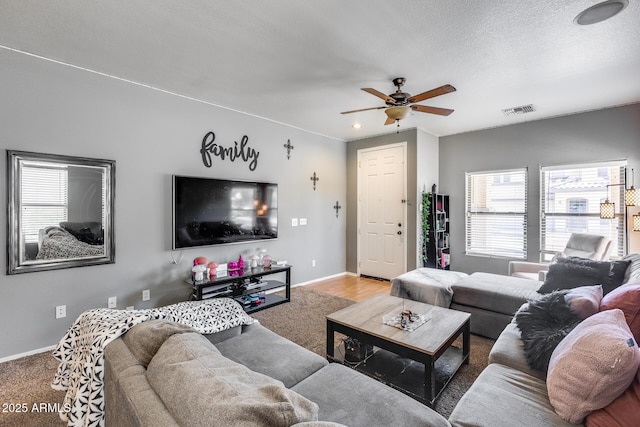 6328 W Fawn Dr, Laveen, AZ 85339 - living room with baseboards, ceiling fan, visible vents, and a wealth of natural light