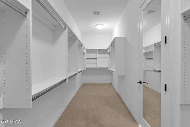 spacious closet featuring light colored carpet