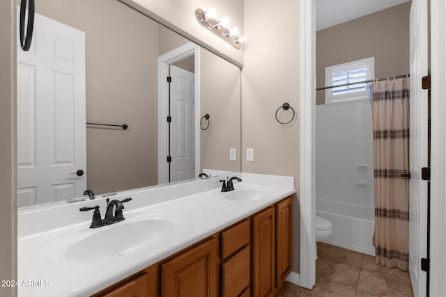 full bathroom featuring toilet, vanity, tile patterned floors, and shower / bathtub combination with curtain