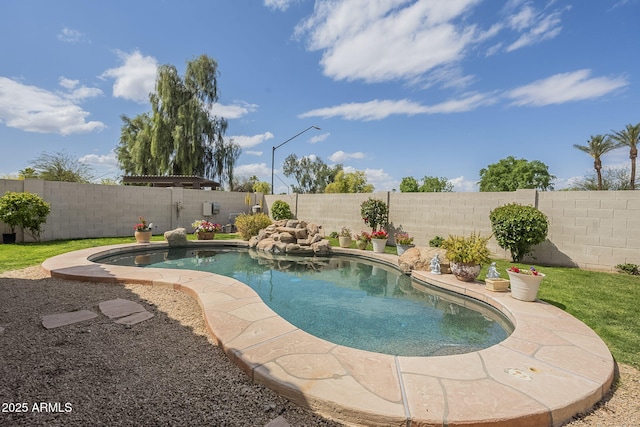 view of swimming pool featuring a fenced backyard and a fenced in pool