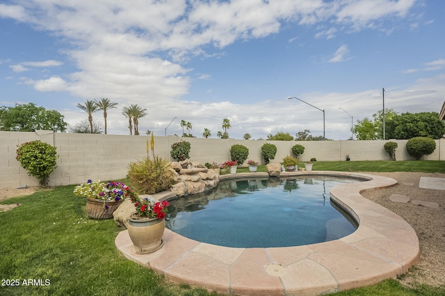 view of pool featuring a fenced backyard, a fenced in pool, and a lawn
