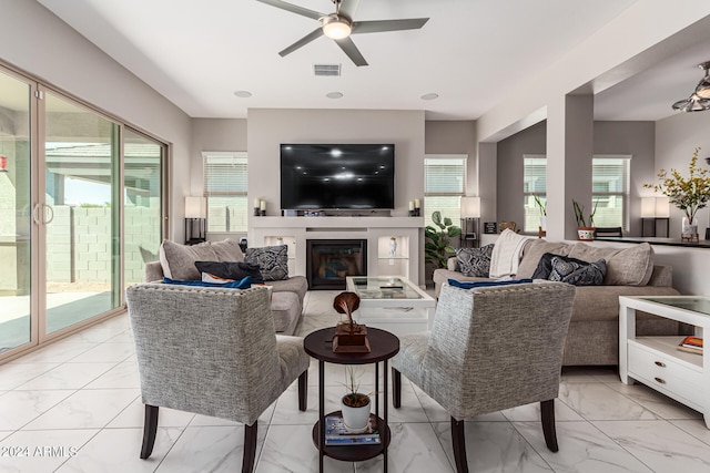 living room with ceiling fan