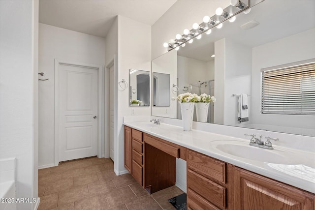 bathroom with plus walk in shower and vanity