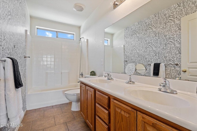 full bathroom with toilet, vanity, shower / bathing tub combination, and tile patterned floors