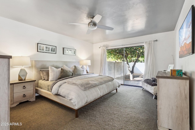 carpeted bedroom featuring ceiling fan and access to exterior