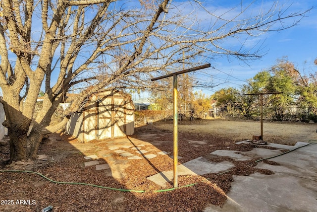 view of yard featuring an outdoor structure and a storage shed