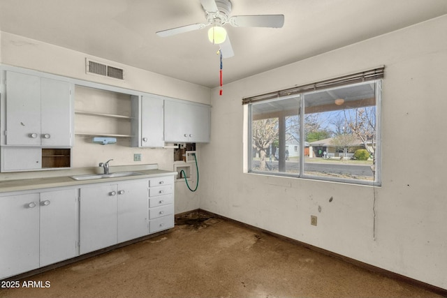 kitchen with visible vents, light countertops, white cabinetry, open shelves, and a sink