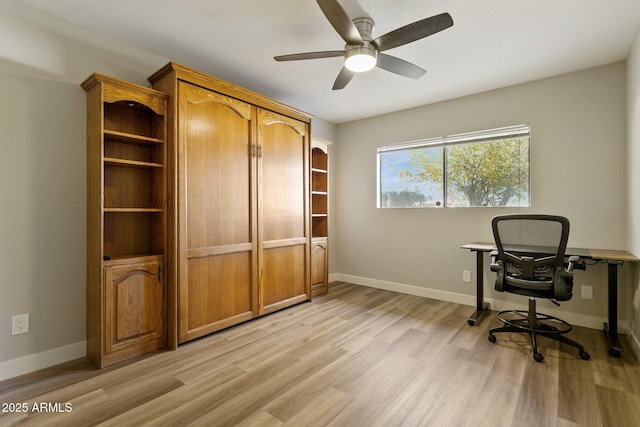 office area featuring ceiling fan and light hardwood / wood-style floors