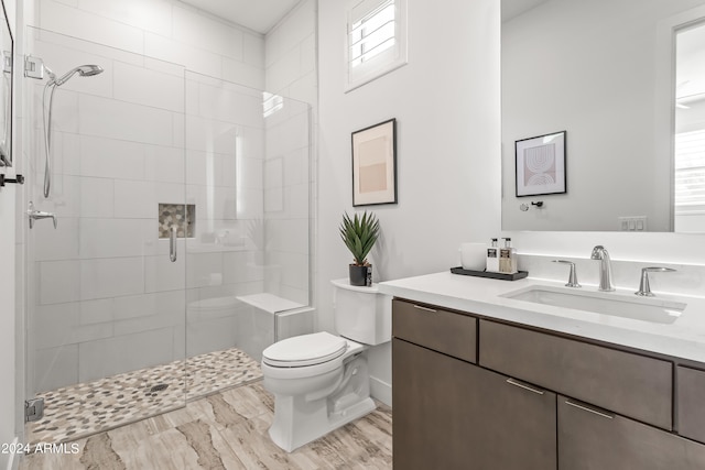 bathroom featuring vanity, toilet, a healthy amount of sunlight, and a shower with door