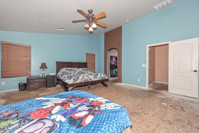 16112 W Durango St, Goodyear, AZ 85338 - bedroom with arched walkways, baseboards, visible vents, and a ceiling fan