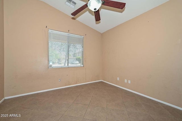 16112 W Durango St, Goodyear, AZ 85338 - tiled spare room featuring visible vents, baseboards, ceiling fan, and lofted ceiling