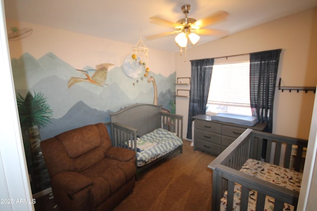 bedroom featuring carpet flooring and a ceiling fan