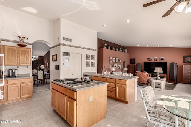 kitchen featuring ceiling fan, sink, a center island, vaulted ceiling, and stainless steel gas stovetop