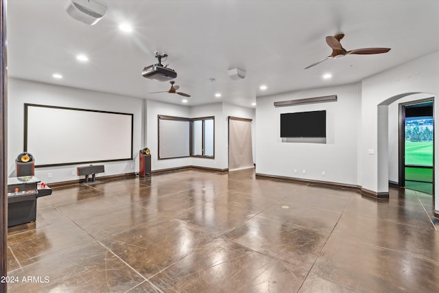 interior space with recessed lighting, ceiling fan, and baseboards