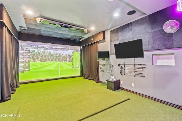 rec room featuring baseboards, carpet floors, golf simulator, and recessed lighting