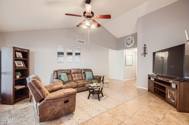 7222 W Maryland Ave, Glendale, AZ 85303 - living area with a ceiling fan, high vaulted ceiling, light tile patterned floors, and baseboards