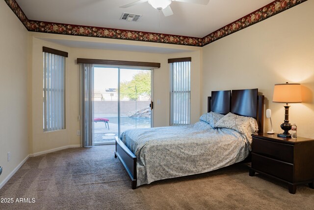 bedroom with visible vents, access to exterior, baseboards, carpet floors, and a ceiling fan