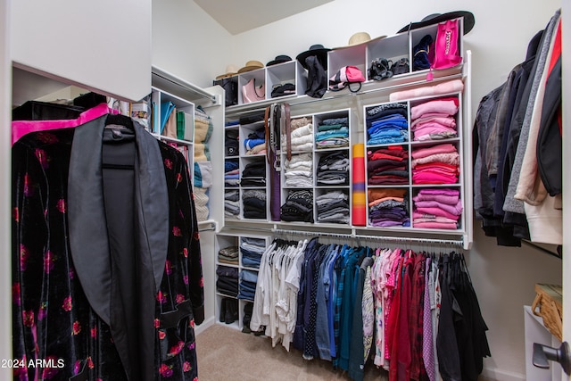 walk in closet with carpet flooring