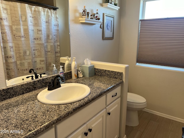 full bathroom featuring baseboards, toilet, a shower with curtain, wood finished floors, and vanity