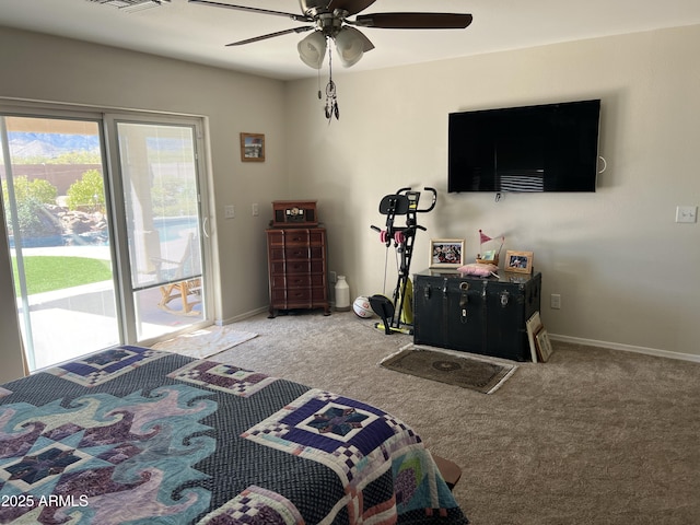 carpeted bedroom with a ceiling fan, access to outside, baseboards, and visible vents