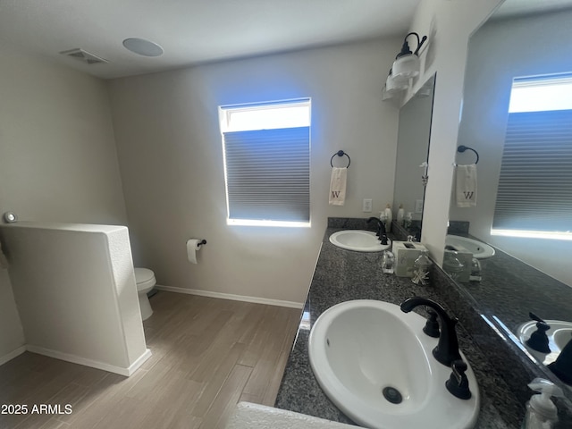 bathroom with a wealth of natural light, wood finished floors, and a sink