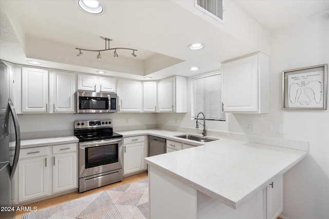 kitchen featuring kitchen peninsula, appliances with stainless steel finishes, white cabinetry, and sink