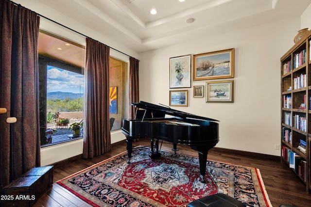 8154 E Tecolote Cir, Scottsdale, AZ 85266 - living area featuring a raised ceiling, dark wood finished floors, recessed lighting, and a mountain view
