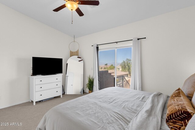 12852 N Mountainside Dr Unit 2, Fountain Hills, AZ 85268 - bedroom featuring access to exterior, light carpet, ceiling fan, and lofted ceiling