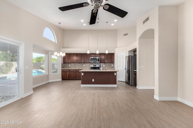 kitchen featuring appliances with stainless steel finishes, tasteful backsplash, ceiling fan with notable chandelier, decorative light fixtures, and an island with sink