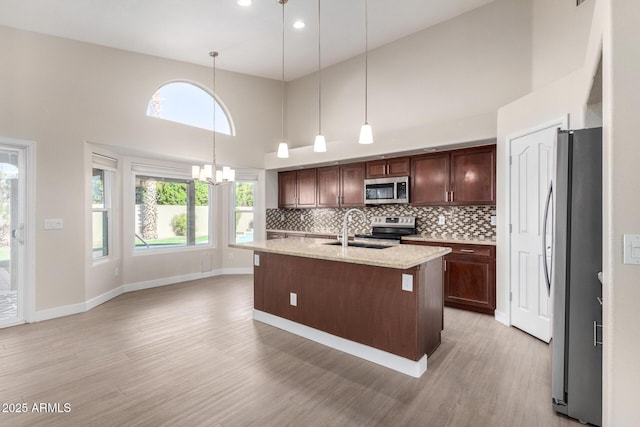 kitchen with sink, hanging light fixtures, high vaulted ceiling, a center island with sink, and appliances with stainless steel finishes