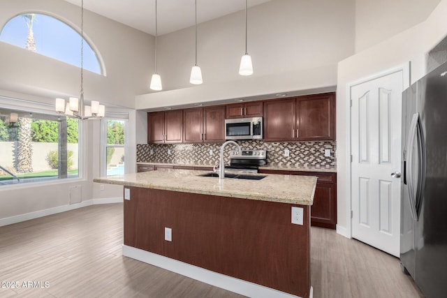 kitchen with sink, hanging light fixtures, a high ceiling, a center island with sink, and appliances with stainless steel finishes