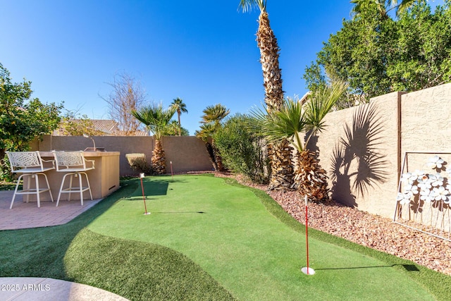 view of yard with a patio and an outdoor bar