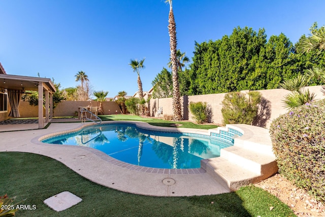 view of swimming pool featuring a patio area