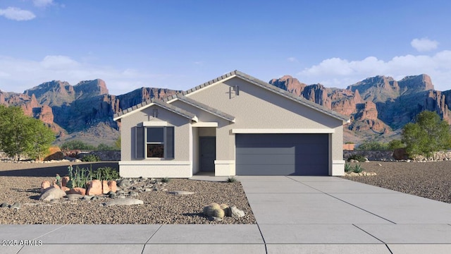 5549 E Mearn Rd, San Tan Valley, AZ 85140 - view of front of property with a mountain view, a garage, concrete driveway, stucco siding, and a tiled roof