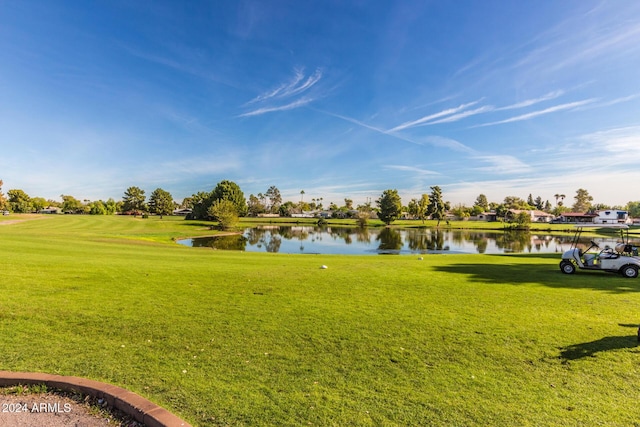 view of community featuring a yard and a water view