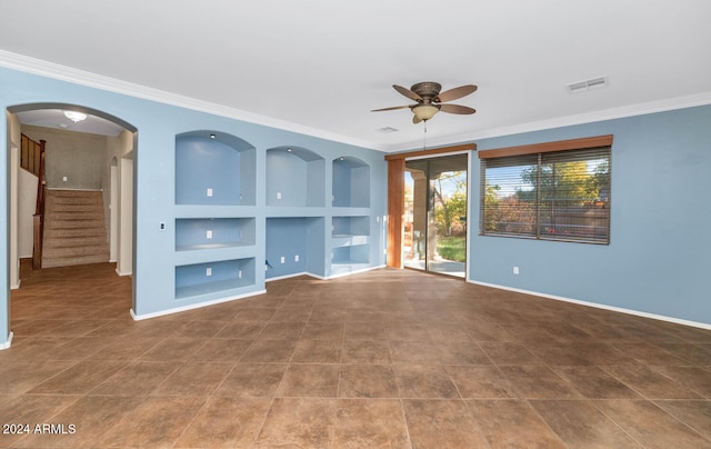 unfurnished living room with ceiling fan, built in features, and ornamental molding