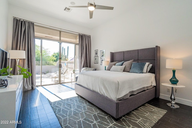 bedroom with visible vents, baseboards, a ceiling fan, dark wood-type flooring, and access to exterior