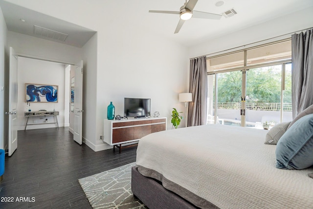 bedroom featuring access to exterior, baseboards, visible vents, and dark wood finished floors