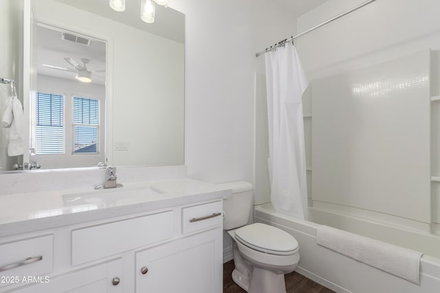 23042 E Excelsior Ave, Queen Creek, AZ 85142 - bathroom with vanity, shower / bath combination with curtain, ceiling fan, and wood finished floors