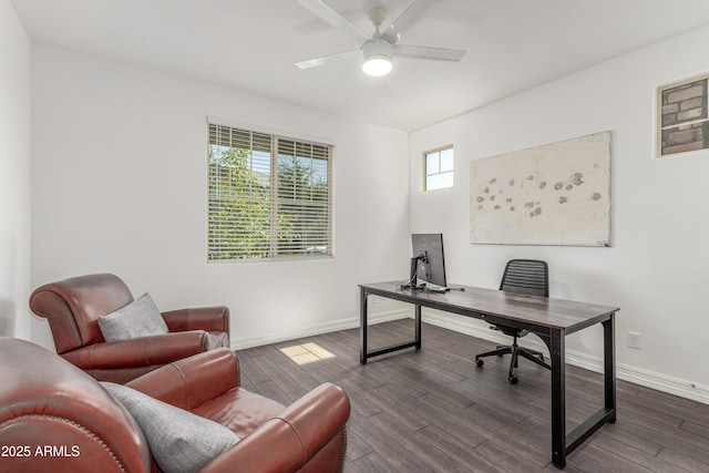23042 E Excelsior Ave, Queen Creek, AZ 85142 - home office featuring dark wood-style floors and a ceiling fan